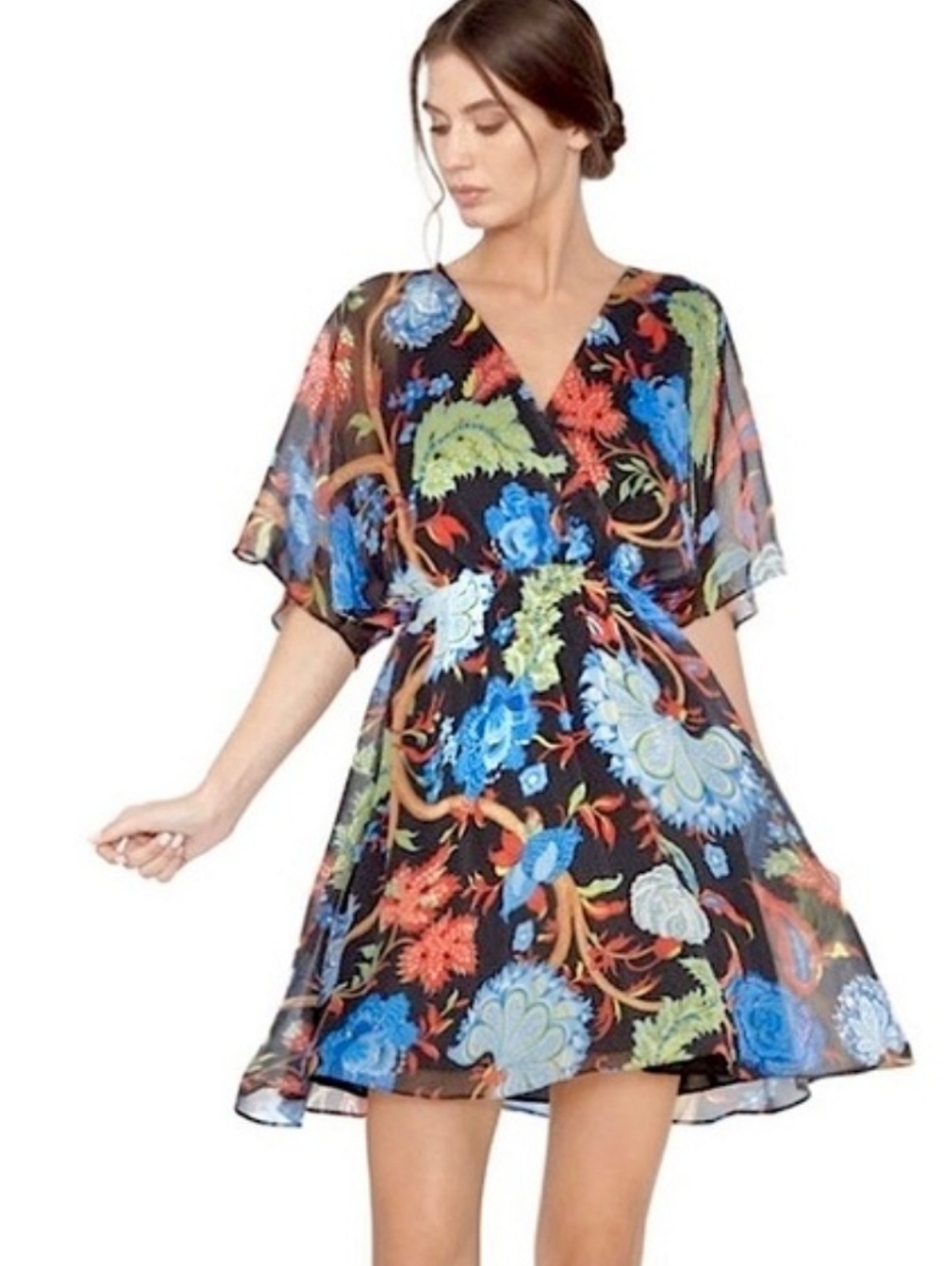 Alice + Olivia Black Floral Cay Flutter Sleeve Mini Dress Size Large